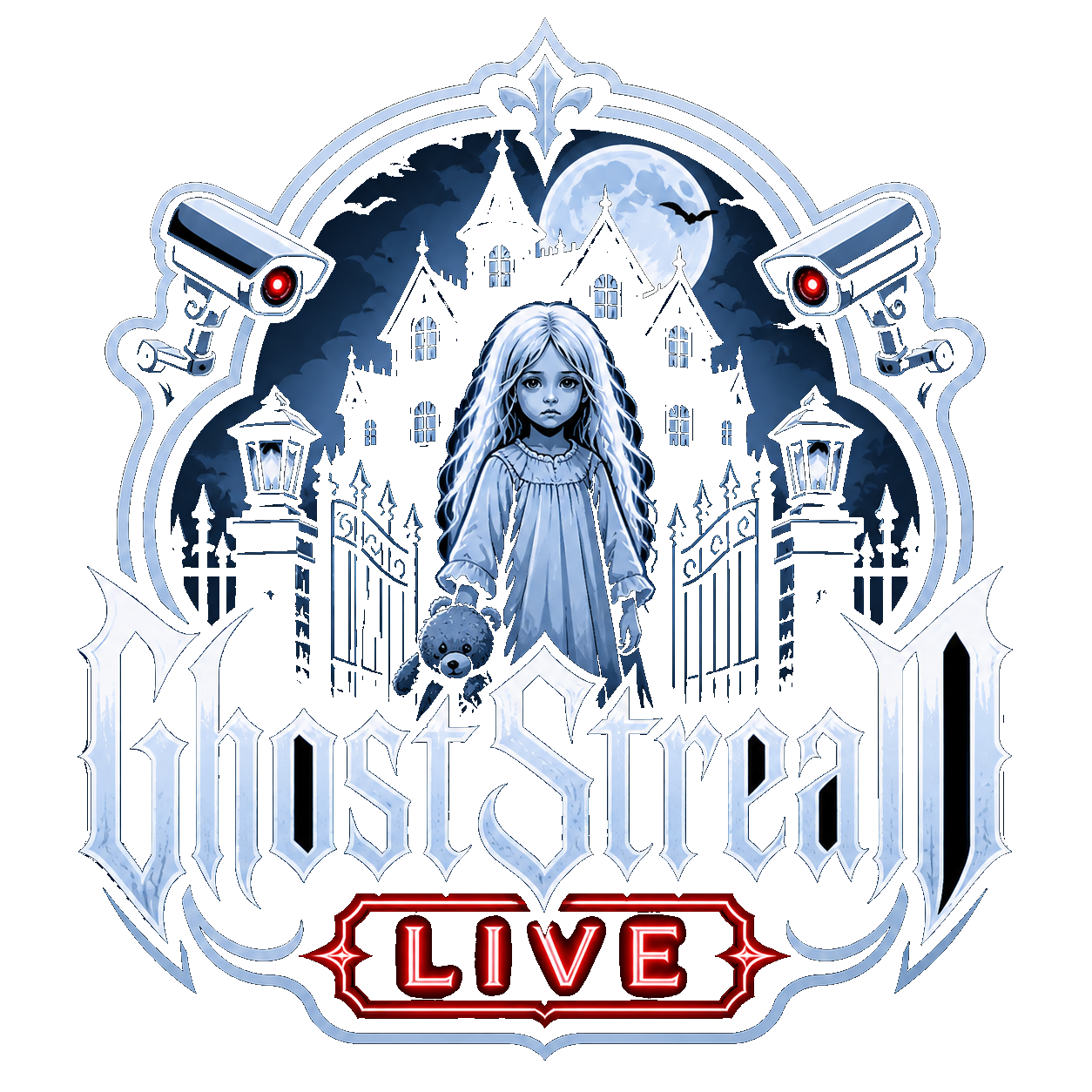 GhostStream Live logo showing a haunted mansion, surveillance cameras and a ghostly child